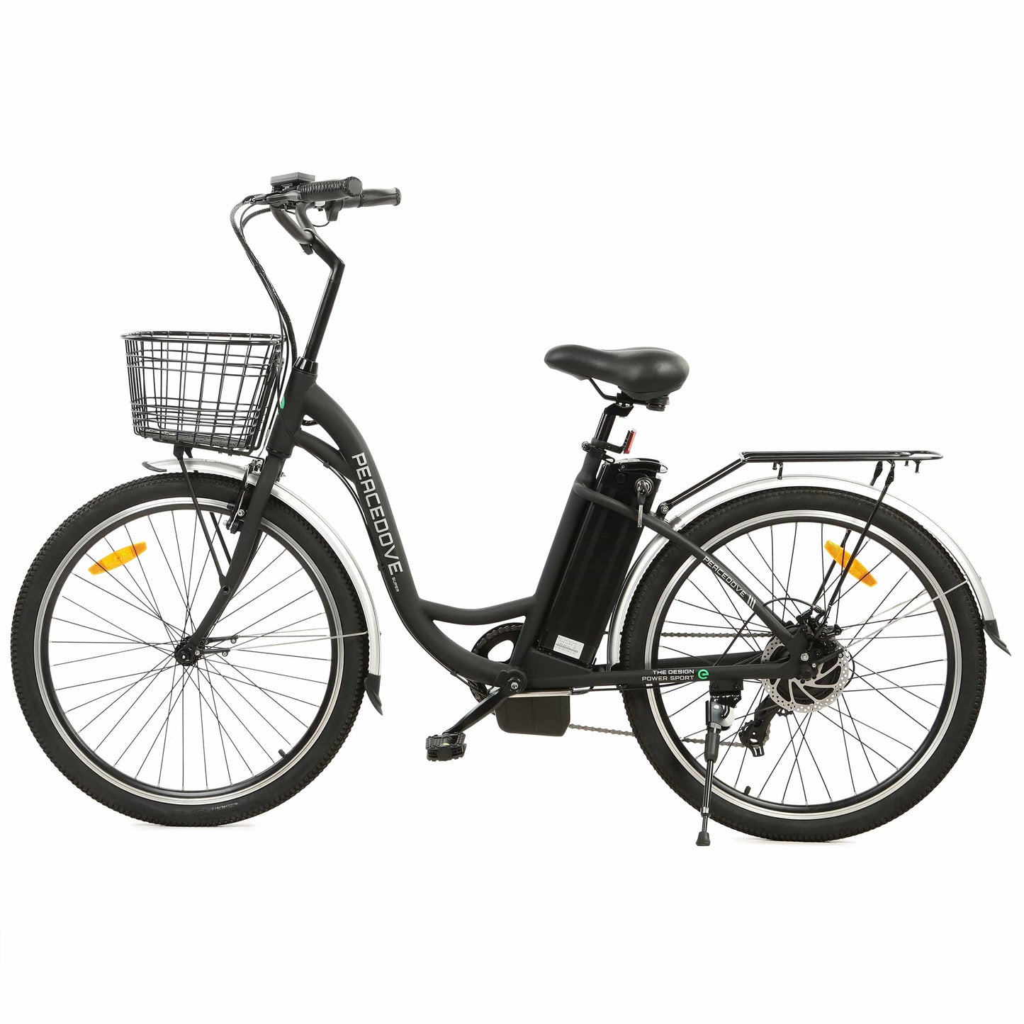 Ecotric ebikes Black Ecotric Peacedove 26" electric city bike with basket and rear rack