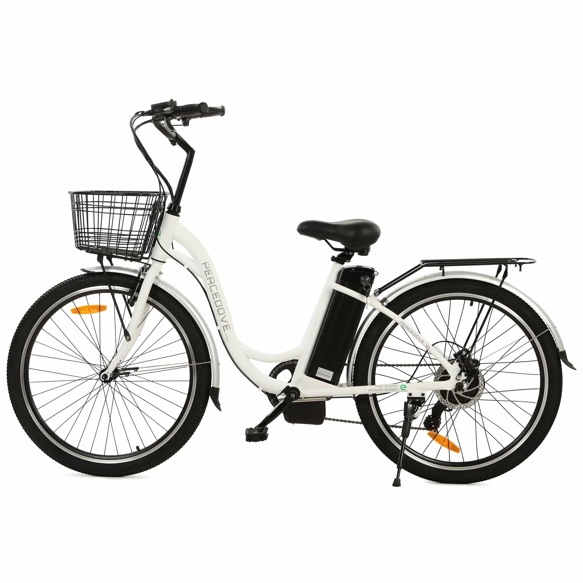 Ecotric ebikes White Ecotric Peacedove 26" electric city bike with basket and rear rack